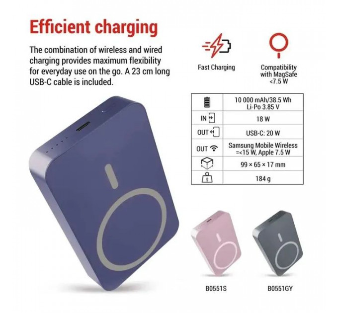 Батарея универсальная EMOS 10000mAh WI1046, 20W, Wireless, blue (B0551BL)