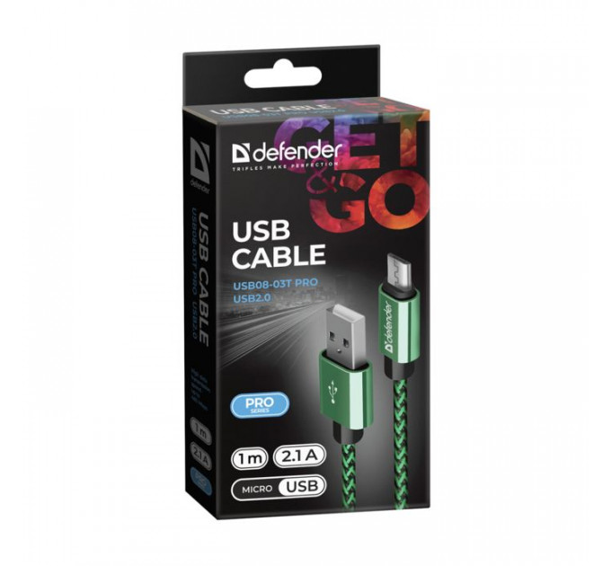 Дата кабель USB 2.0 AM to Micro 5P 1.0m USB08-03T green Defender (87804)