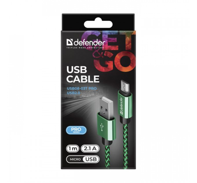 Дата кабель USB 2.0 AM to Micro 5P 1.0m USB08-03T green Defender (87804)