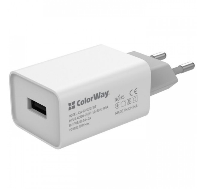 Зарядний пристрій ColorWay 1USB AUTO ID 2A (10W) (CW-CHS012-WT)