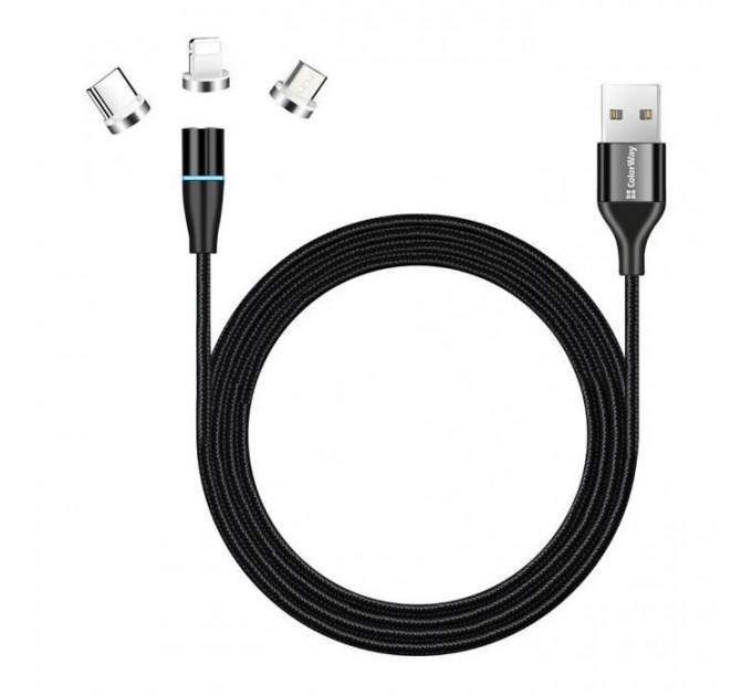 Дата кабель USB 2.0 AM to Lightning + Micro 5P + USB-C 1.0m Magnetic ColorWay (CW-CBUU038-BK)