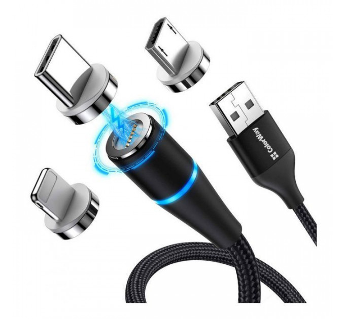 Дата кабель USB 2.0 AM to Lightning + Micro 5P + USB-C 1.0m Magnetic ColorWay (CW-CBUU038-BK)