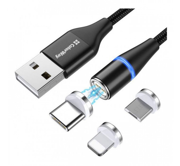Дата кабель USB 2.0 AM to Lightning + Micro 5P + USB-C 1.0m Magnetic ColorWay (CW-CBUU038-BK)