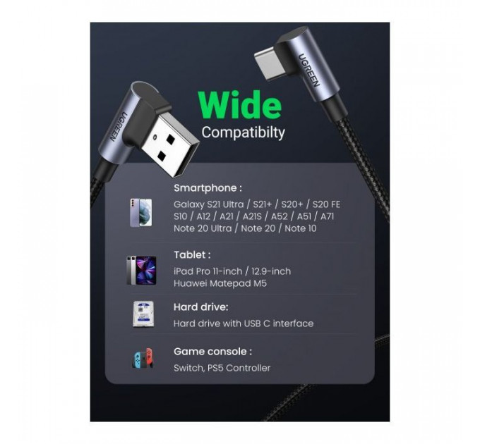 Дата кабель USB 2.0 AM to Type-C 1.0m US176 Both Angled 3A (Black) Ugreen (20856)