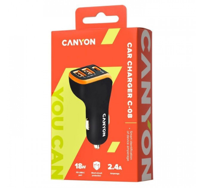 Зарядний пристрій Canyon Universal 3xUSB car adapter Black+Orange (CNE-CCA08BO)