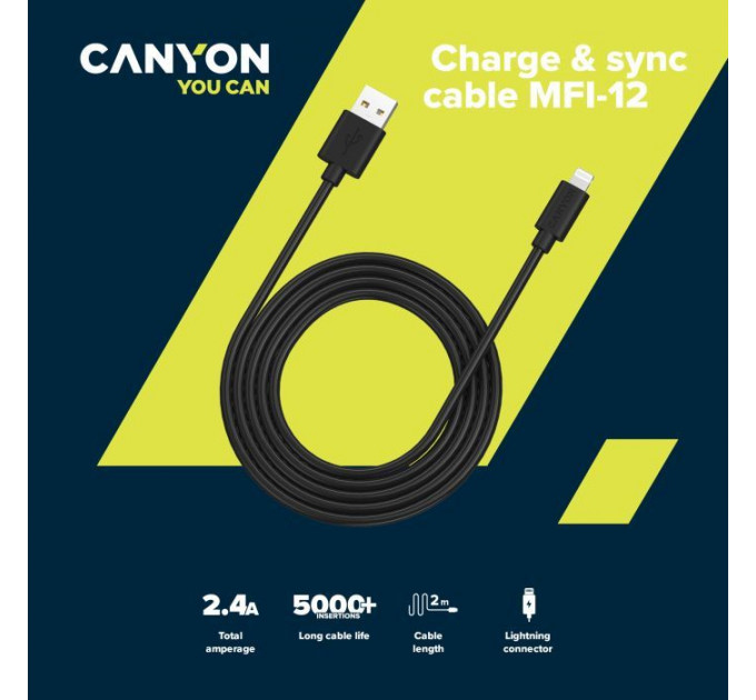Дата кабель USB 2.0 AM to Lightning 1.0m MFI black Canyon (CNS-MFIC12B)
