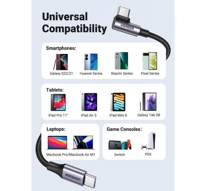 Дата кабель USB-C to USB-C 3.0m 60W US255 90-degree Angle Black Ugreen (80714)