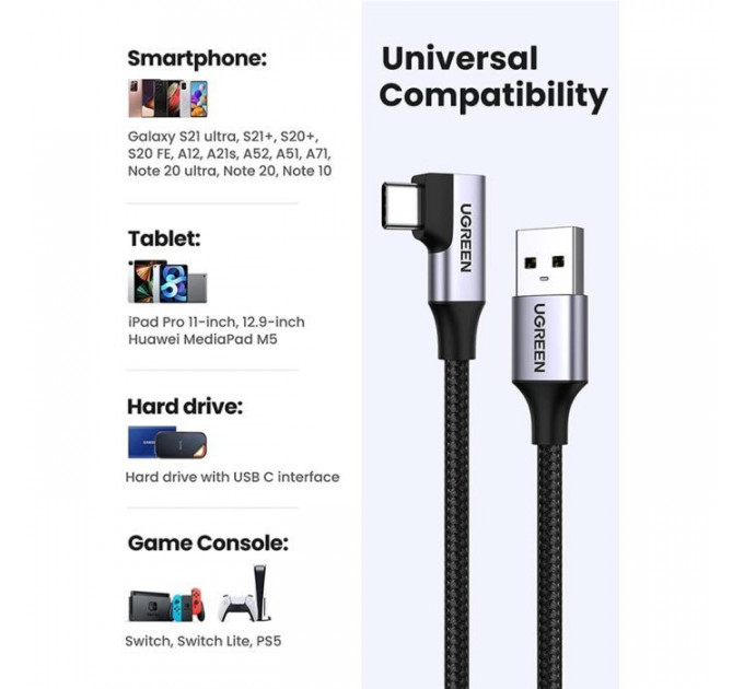 Дата кабель USB 3.0 AM to USB-C 1.0m 60W US385 90° Black Ugreen (20299)
