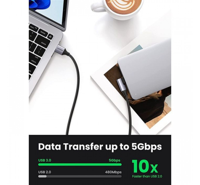Дата кабель USB 3.0 AM to USB-C 1.0m 60W US385 90° Black Ugreen (20299)