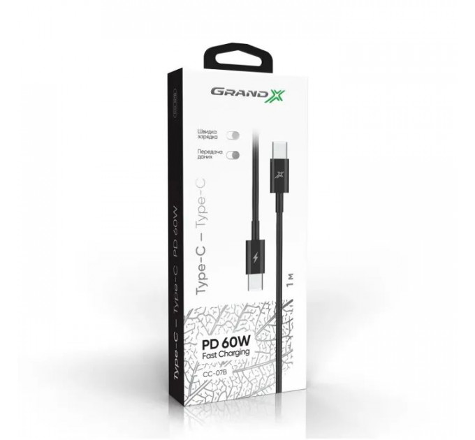 Дата кабель USB-C to USB-C 1.0m 60W CC-07B Black Grand-X (CC-07B)