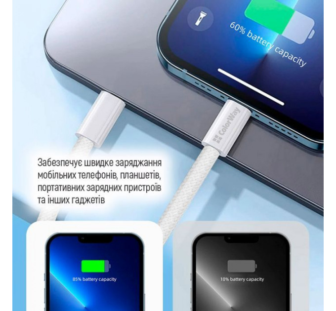 Дата кабель USB-C to Lightning 1.0m 27W grey ColorWay (CW-CBPDCL061-GR)