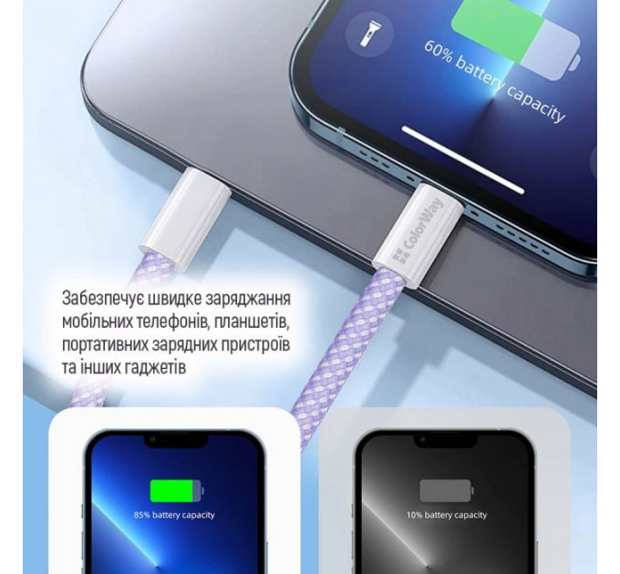 Дата USB-C кабель USB-C 1.0m 60W 3.0А фиолетовый ColorWay (CW-CBPDCC061-PU)