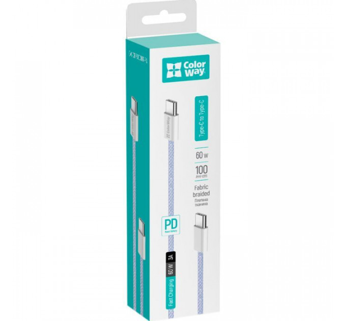 Дата USB-C кабель USB-C 1.0m 60W 3.0А фиолетовый ColorWay (CW-CBPDCC061-PU)