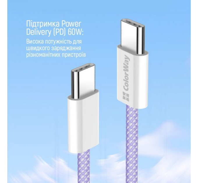 Дата USB-C кабель USB-C 1.0m 60W 3.0А фиолетовый ColorWay (CW-CBPDCC061-PU)