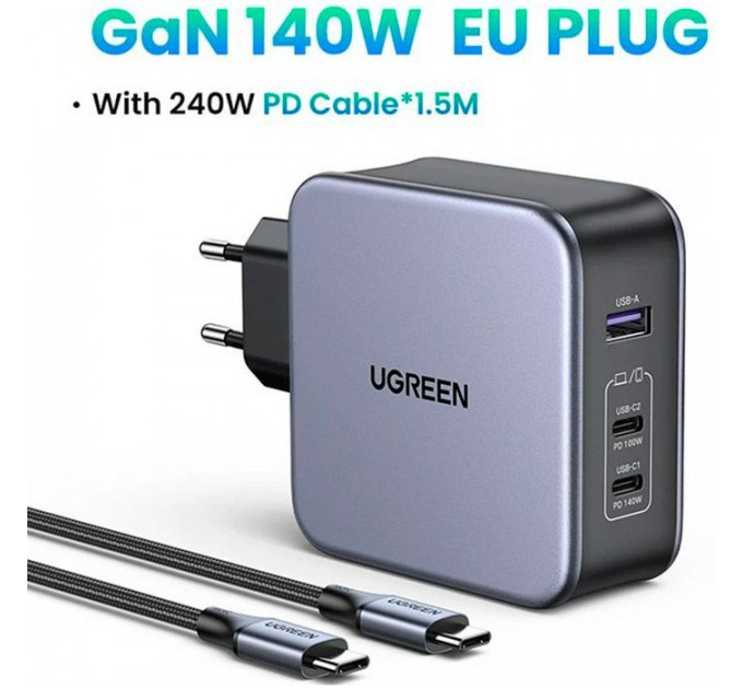 Зарядное устройство Ugreen 3xUSB 140W (2хUSB-C+USB-A) Gan CD289 with C to C Cable 1.5m (90549)