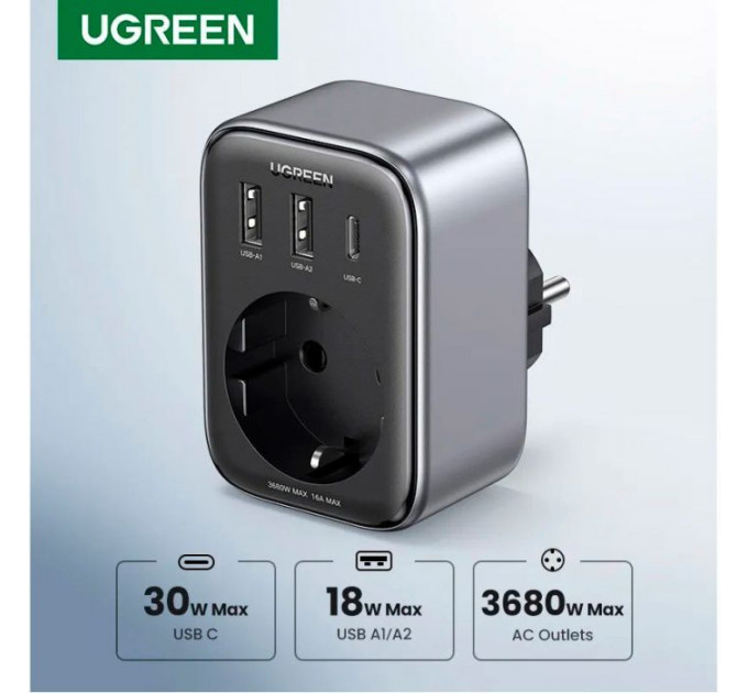 Зарядное устройство для Ugreen 3xUSB 30W Outlet Extender (2хUSB-A+USB-C) CD314 (90613)