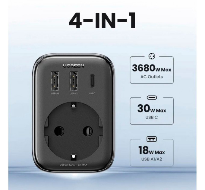 Зарядное устройство для Ugreen 3xUSB 30W Outlet Extender (2хUSB-A+USB-C) CD314 (90613)