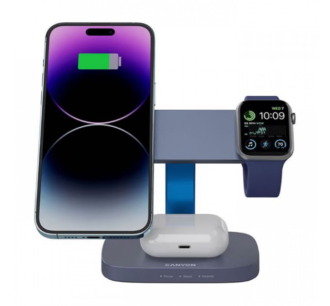 Зарядний пристрій Canyon wireless charger HEXAGON WCS-310 3in1 DarkGrey\/Blue (CNS-WCS310DGBL)