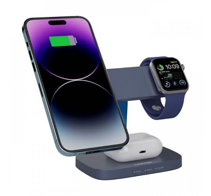 Зарядний пристрій Canyon wireless charger HEXAGON WCS-310 3in1 DarkGrey\/Blue (CNS-WCS310DGBL)
