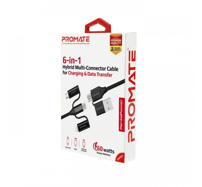 Дата кабеля USB 2.0 AM to Lightning + Micro 5P + USB-C pentapower.black Promate (pentapower.black)