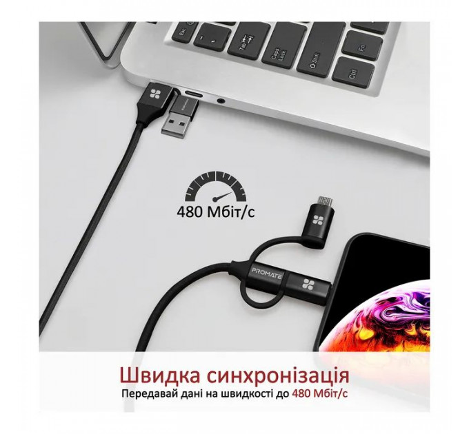 Дата кабеля USB 2.0 AM to Lightning + Micro 5P + USB-C pentapower.black Promate (pentapower.black)