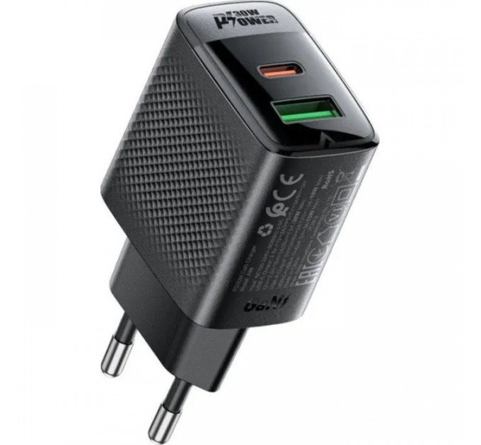 Зарядний пристрій Acefast 2xUSB 30W (USB-C+USB-A) Gan A98 Black (6974316283263)