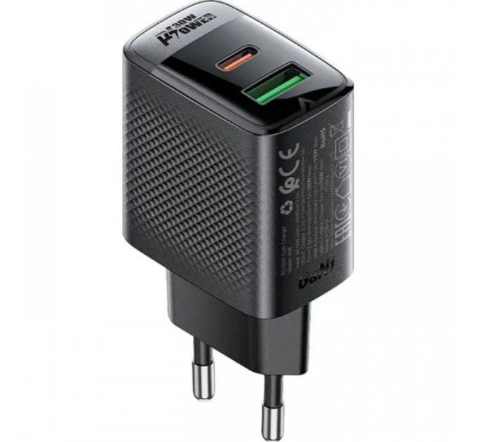 Зарядний пристрій Acefast 2xUSB 30W (USB-C+USB-A) Gan A98 Black (6974316283263)