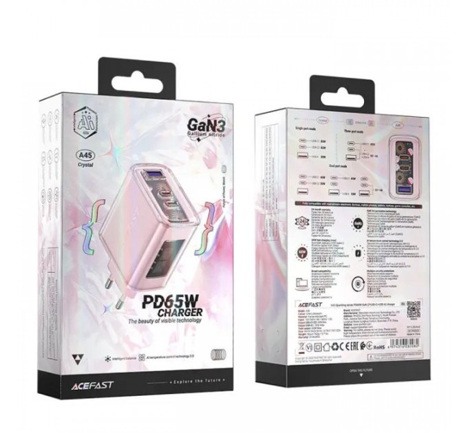 Зарядний пристрій Acefast 3xUSB 65W (2xUSB-C+USB-A) Gan A45 Fast Charger Cherry blossom (6974316282082)