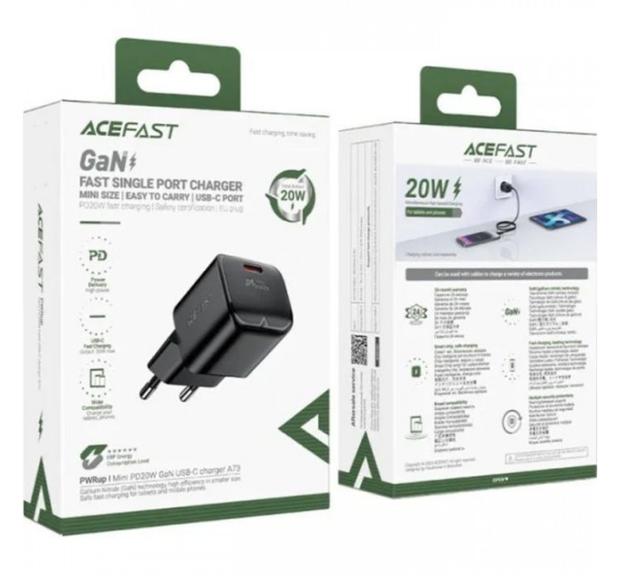 Зарядное устройство для Acefast USB-C 20W Gan A73 mini Fast Charger Black (6974316282648)