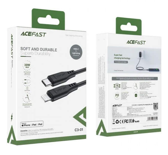 Дата кабель USB-C to Lightning 1.2m 3.0A TPE C3-01 Black Acefast (6974316280804)