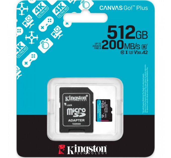 Карта памяти Kingston 512GB microSDXC сlass 10 UHS-I U3 V30 A2 Canvas Go Plus G4 (SDCG4\/512GB)