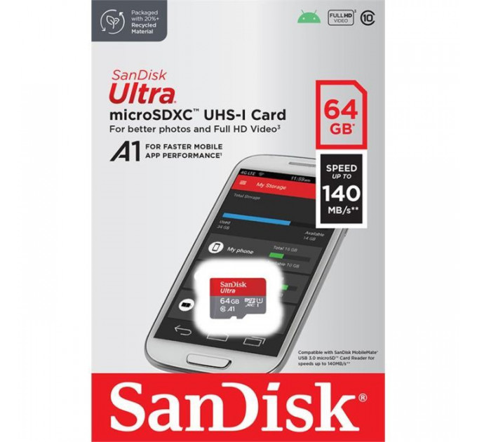 Карта пам/'яті SanDisk 64GB microSDXC class 10 UHS-I A1 (SDSQUAB-064G-GN6MN)