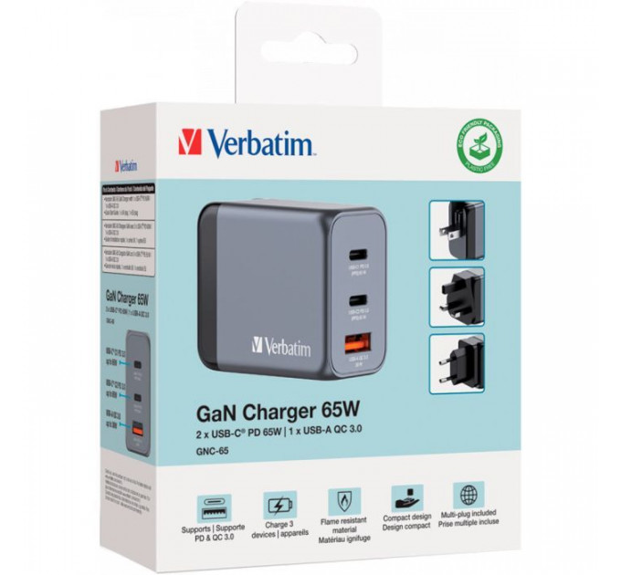 Зарядний пристрій Verbatim GaN 65 W 3 ports (2xUSB-C-65 W \/USB-A -3.0) (32201)