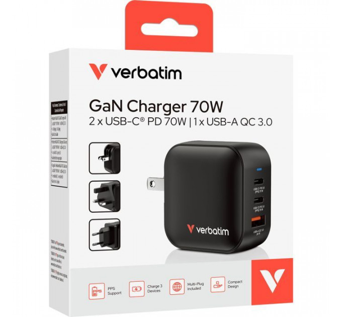 Зарядний пристрій Verbatim MiniGaN 70 W 3 ports (2xUSB-C\/1xUSB-A) (32229)