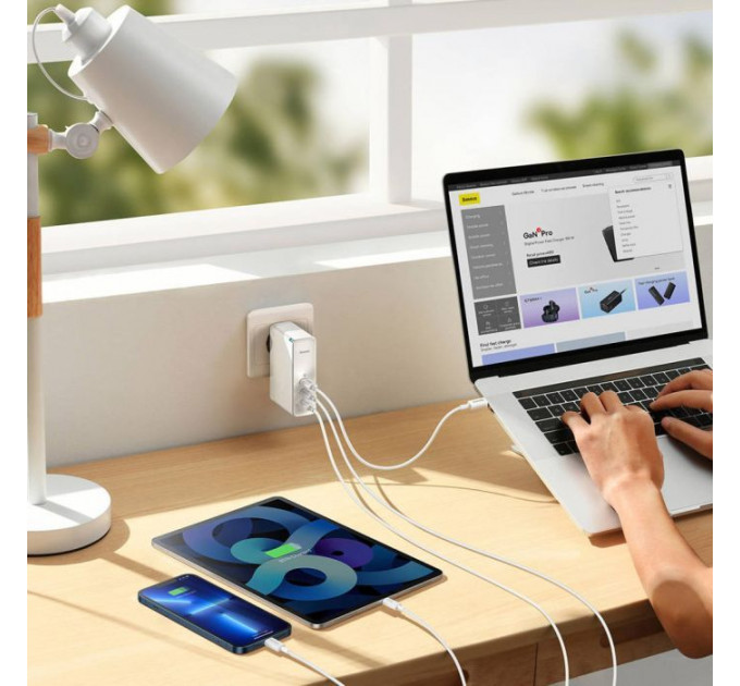 Зарядний пристрій Baseus GaN5 Pro Fast Charger 2C+U 140W + Cable 1.0m Type-C 240W white (CCGP100202)