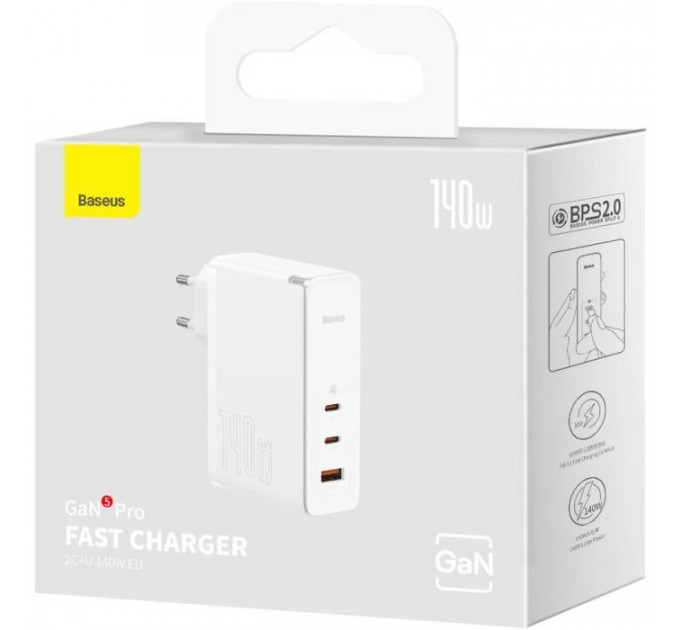 Зарядний пристрій Baseus GaN5 Pro Fast Charger 2C+U 140W + Cable 1.0m Type-C 240W white (CCGP100202)