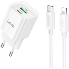 Зарядний пристрій HOCO C147A Charm 1xUSB-C PD20W + 1xUSB QC3.0 + cable USB-C to Lightning White (6942007630283)