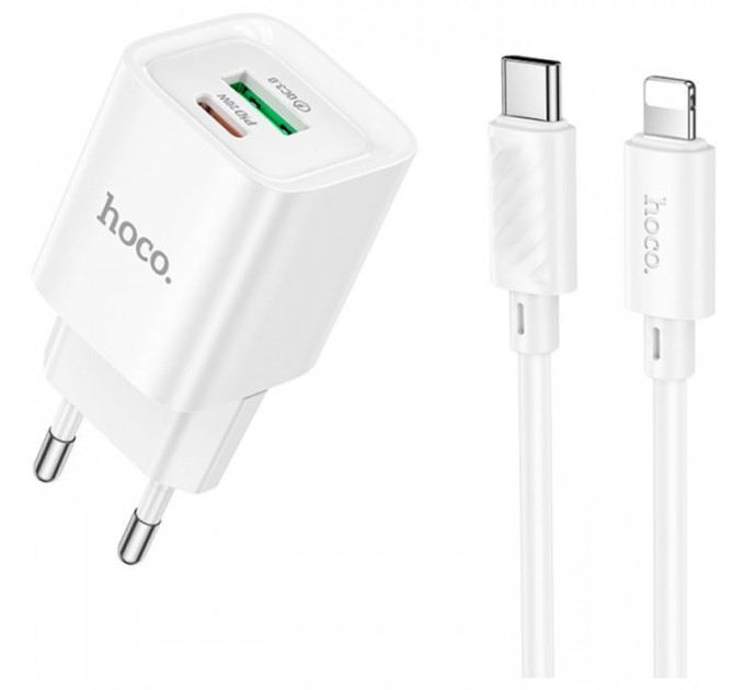 Зарядний пристрій HOCO C147A Charm 1xUSB-C PD20W + 1xUSB QC3.0 + cable USB-C to Lightning White (6942007630283)