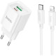 Зарядний пристрій HOCO C147A Charm 1xUSB-C PD20W + 1xUSB QC3.0 + cable USB-C to Lightning White (6942007630283)