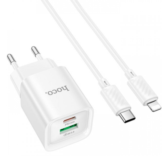 Зарядний пристрій HOCO C147A Charm 1xUSB-C PD20W + 1xUSB QC3.0 + cable USB-C to Lightning White (6942007630283)