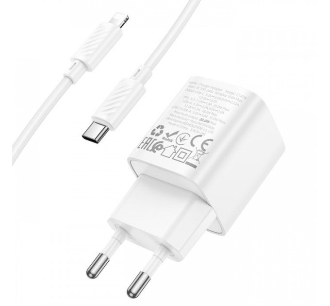 Зарядний пристрій HOCO C147A Charm 1xUSB-C PD20W + 1xUSB QC3.0 + cable USB-C to Lightning White (6942007630283)