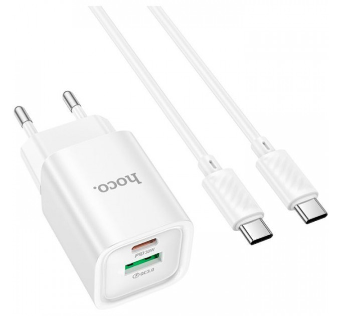 Зарядний пристрій HOCO C149A Charm 1xUSB-C PD30W + 1xUSB QC3.0 + cable USB-C to USB-C White (6942007630351)