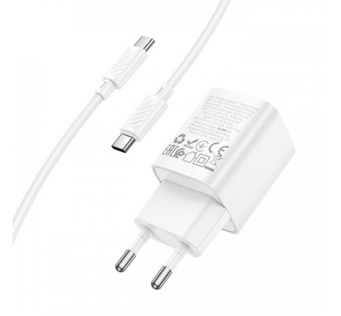 Зарядний пристрій HOCO C149A Charm 1xUSB-C PD30W + 1xUSB QC3.0 + cable USB-C to USB-C White (6942007630351)
