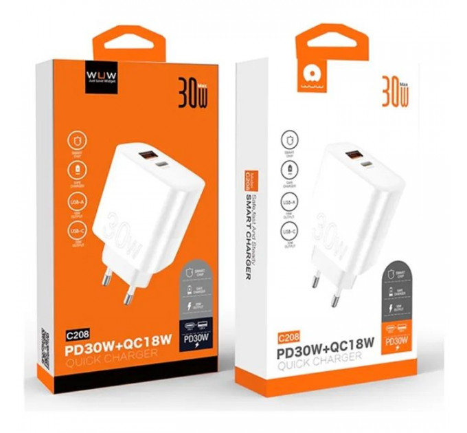 Зарядний пристрій WUW C208 1xUSB-C PD30W + 1xUSB QC3.0 18W White (6972573333417)