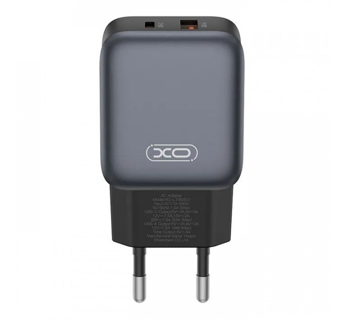 Зарядний пристрій XO L156 USB-C PD30W + USB-A QC3.0 Black (L156.black)