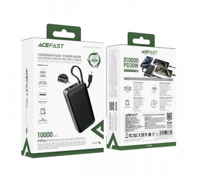 Батарея універсальна Acefast 10000mAh 30W PD, USB-C witch cable, USB-A, Li-Pol, M7 Black (6974316283379)