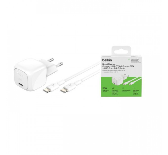Зарядний пристрій Belkin USB-C PD30W PPS + cable USB-C to USB-C 1.0m PVC white (WCA008KQ1MWH-B6)