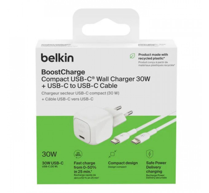 Зарядний пристрій Belkin USB-C PD30W PPS + cable USB-C to USB-C 1.0m PVC white (WCA008KQ1MWH-B6)