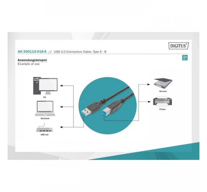 Дата кабель USB 3.0 AM\/BM 1.8m black Digitus (AK-300115-018-S)
