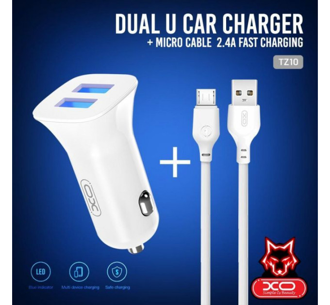 Зарядний пристрій XO 2xUSB 2.4A + cable USB to Micro 5P white (TZ10-M-WH)